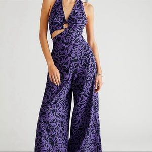 Free People Kira Purple Black Printed Wide Leg Halter Neck Jumpsuit Women’s M